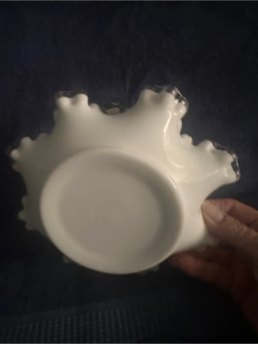 Fenton White Milk Glass Ruffled Basket with Clear Handle